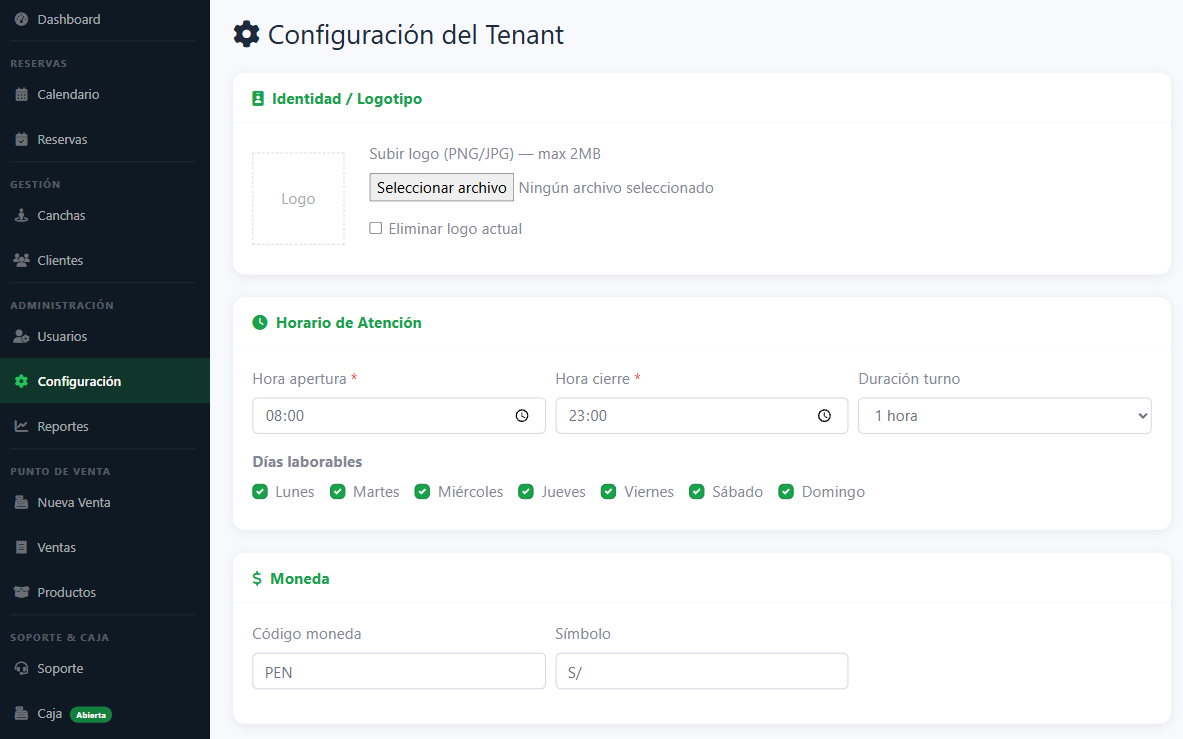 Configuración — PichangaSoft